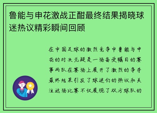 鲁能与申花激战正酣最终结果揭晓球迷热议精彩瞬间回顾